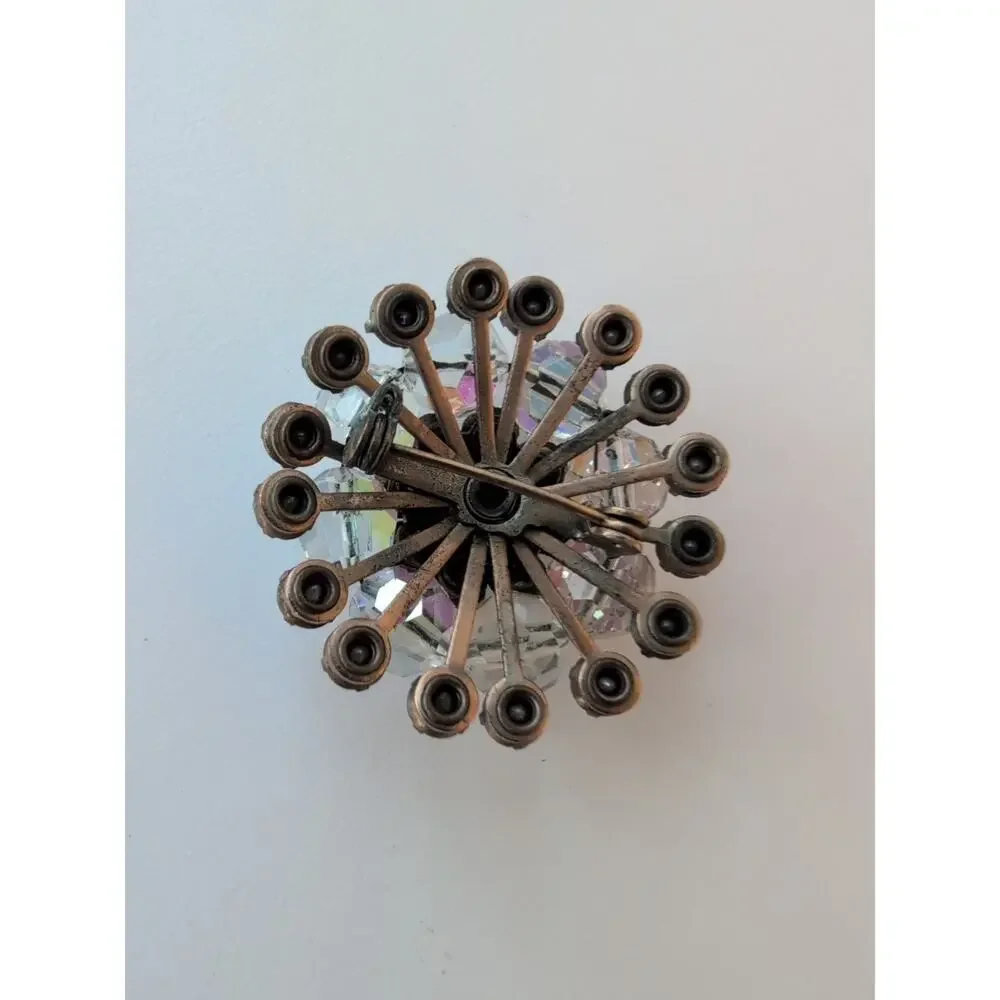 Vintage Blue Aurora Borealis Rhinestone Crystal Bead Flower Brooch Silver Tone